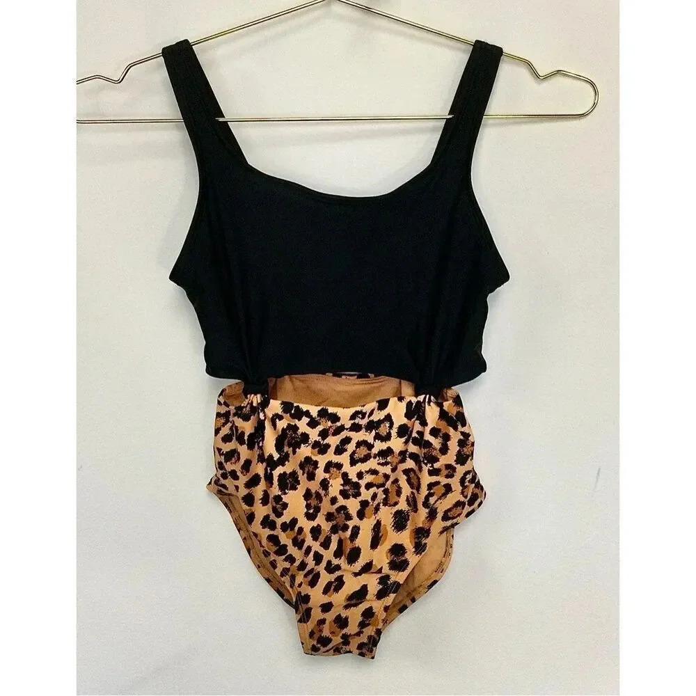 Art Class kids girls Size Large 10/12 One Piece Swimsuit Black Gold Animal Print